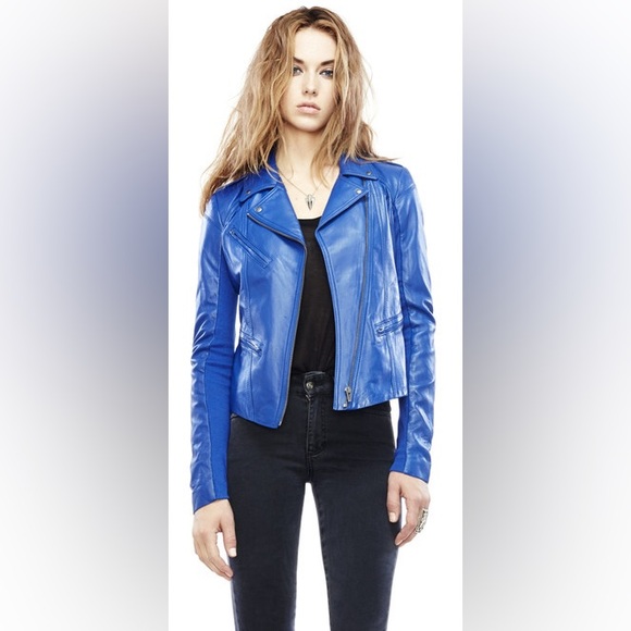 Gorgeous! NWOT 'VEDA' Stunning Bright Blue Leather Jacket!! Size M. - Picture 2 of 10